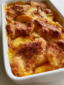 A rectangular white ceramic dish holding a freshly baked Peach Cobbler with Canned Peaches, highlighting the golden-brown cake crust.