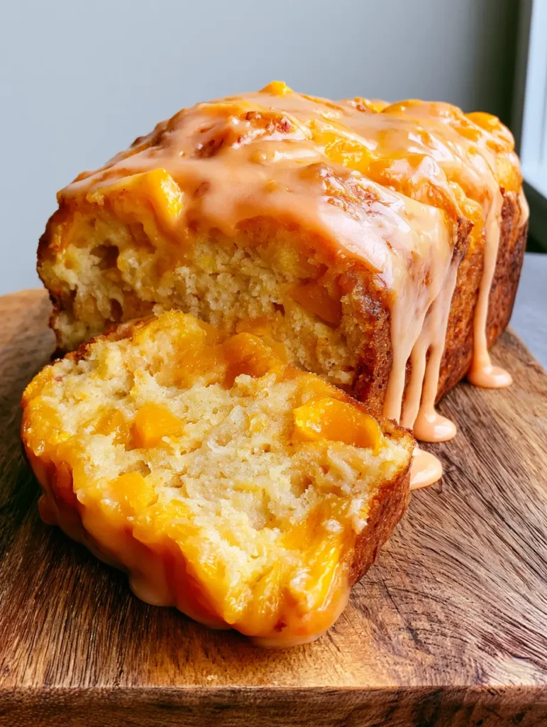 A thick slice of golden-brown Gluten-Free Peach Bread propped against the loaf, highlighting the fruit-studded interior and thick glaze drips.