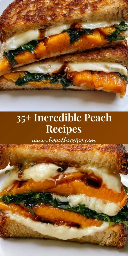 Sweet and Savory Peach Recipes: The Ultimate Gourmet Brie and Sourdough Melt 4 A close-up of a halved gourmet peach and brie sandwich on a white plate, showcasing the buttery crust and melted cheese. (Sweet and Savory Peach Recipes)