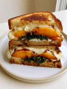 A gourmet grilled peach and brie sandwich cut in half on a white plate, featuring vibrant orange peach slices and melted cheese. (Sweet and Savory Peach Recipes)