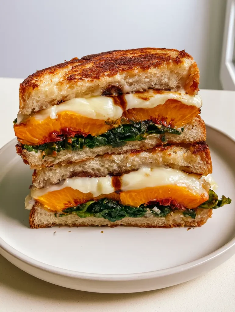 Sweet and Savory Peach Recipes: The Ultimate Gourmet Brie and Sourdough Melt 1 Sourdough bread slices being grilled to a golden brown with melted brie and fresh peaches inside.