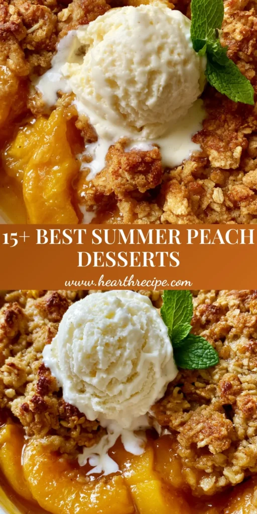 A rustic peach crumble in a white dish with melting vanilla ice cream and mint. (Peach Dessert Recipes)