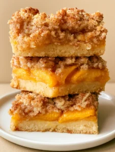 Close-up shot of three stacked rectangular Peach Crumb Bars on a white plate with visible oat crumble and jammy peach slices.