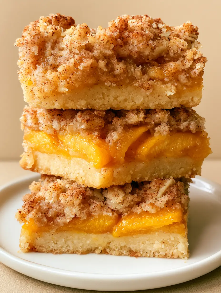 Peach Crumb Bars with a Buttery Shortbread Crust and Oat Streusel 3 Close-up shot of three stacked rectangular Peach Crumb Bars on a white plate with visible oat crumble and jammy peach slices.