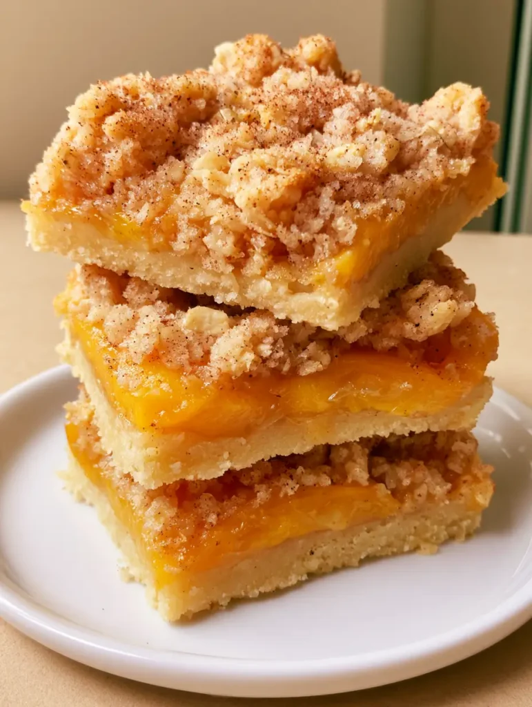 Peach Crumb Bars with a Buttery Shortbread Crust and Oat Streusel 1 High angle shot of Peach Crumb Bars emphasizing the deep golden-tan oat topping and specks of cinnamon.