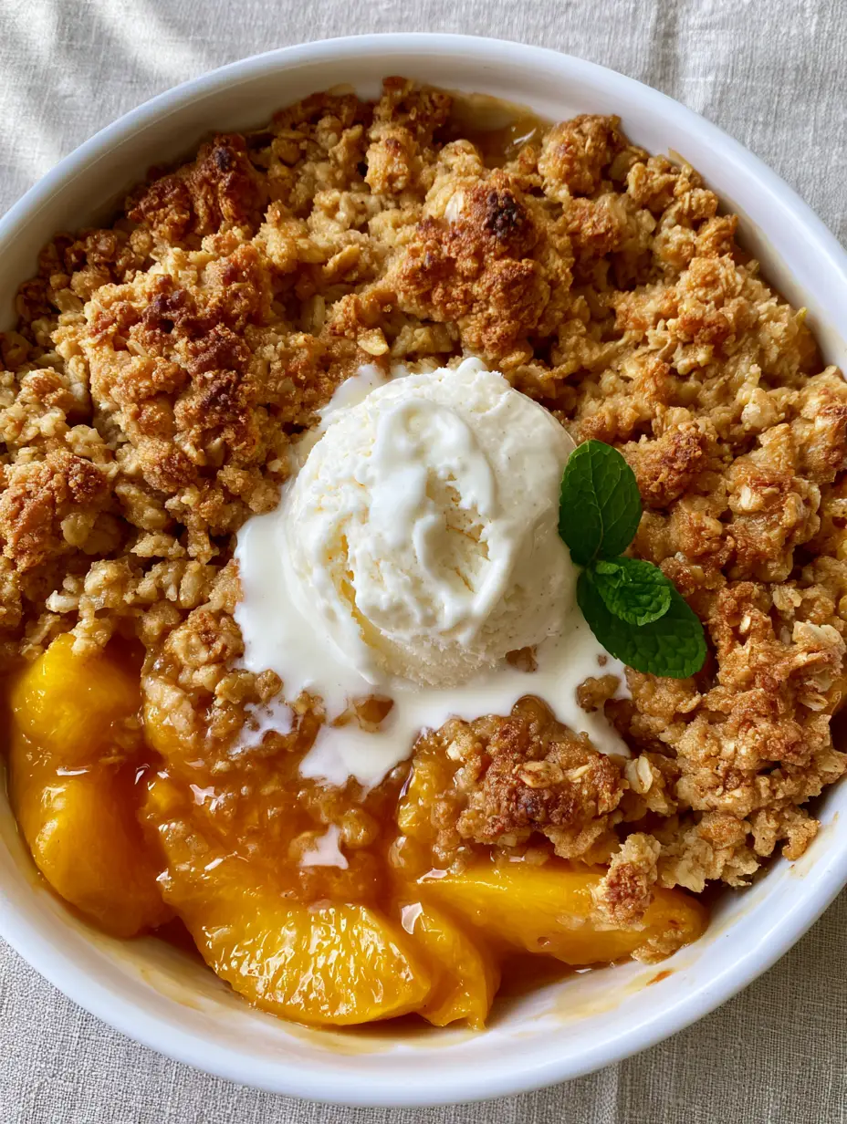 Top-down view of peach dessert recipes showing glossy syrup and toasted oat topping.