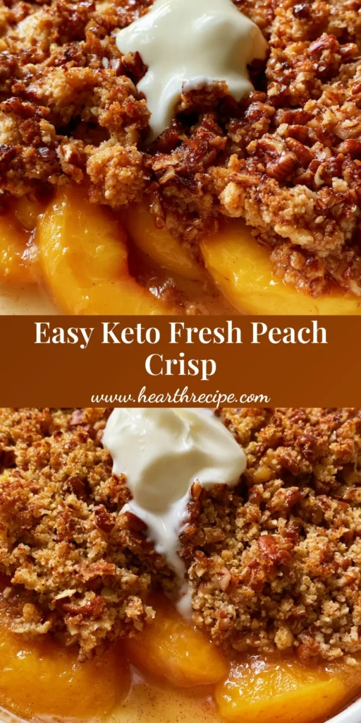 A close-up vertical shot of Peach Crisp with Fresh Peaches in a ceramic dish, featuring a golden pecan topping and melting heavy cream.