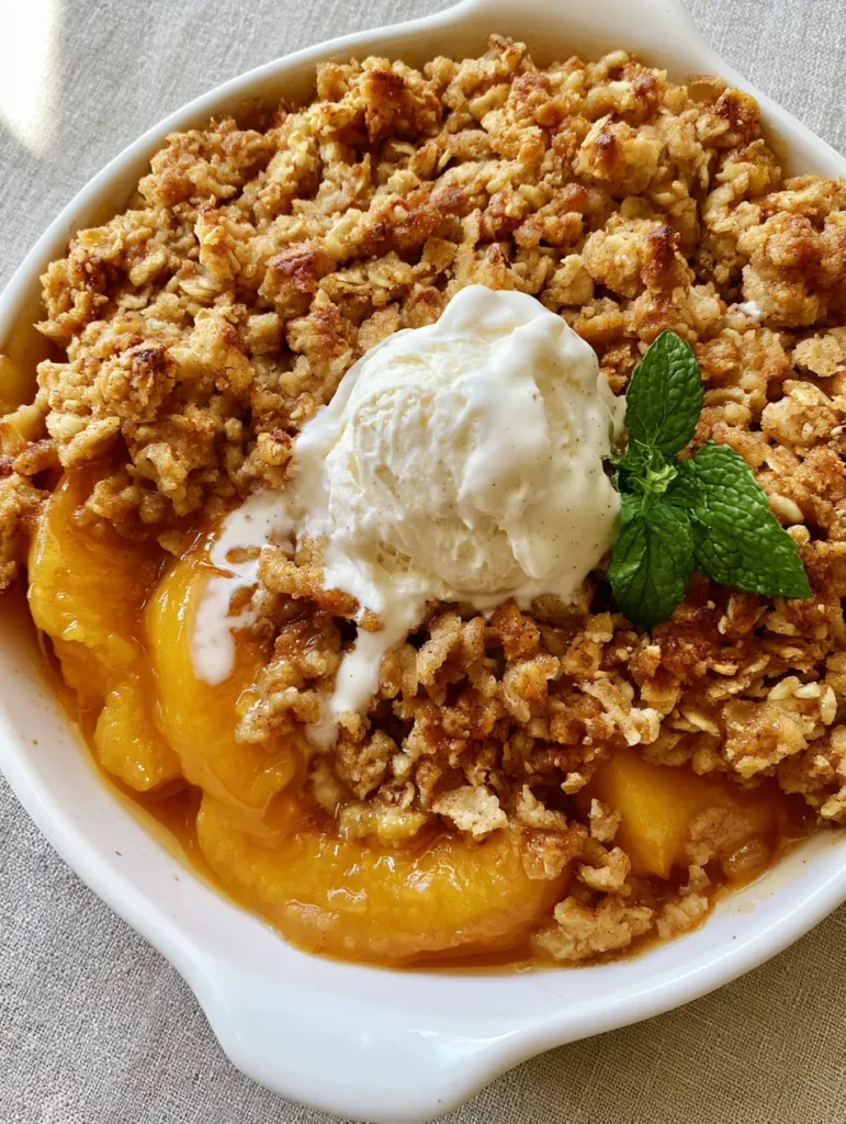 Close-up of melting vanilla bean ice cream on a warm peach crumble.