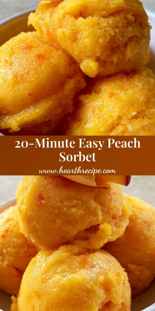 Three large scoops of golden peach sorbet in a white bowl garnished with mint and peach fans. (Peach Sorbet Recipe)