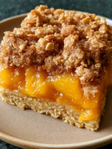 Close-up of Peach Oatmeal Bars showing the layered texture of pressed oats and softened peach chunks.