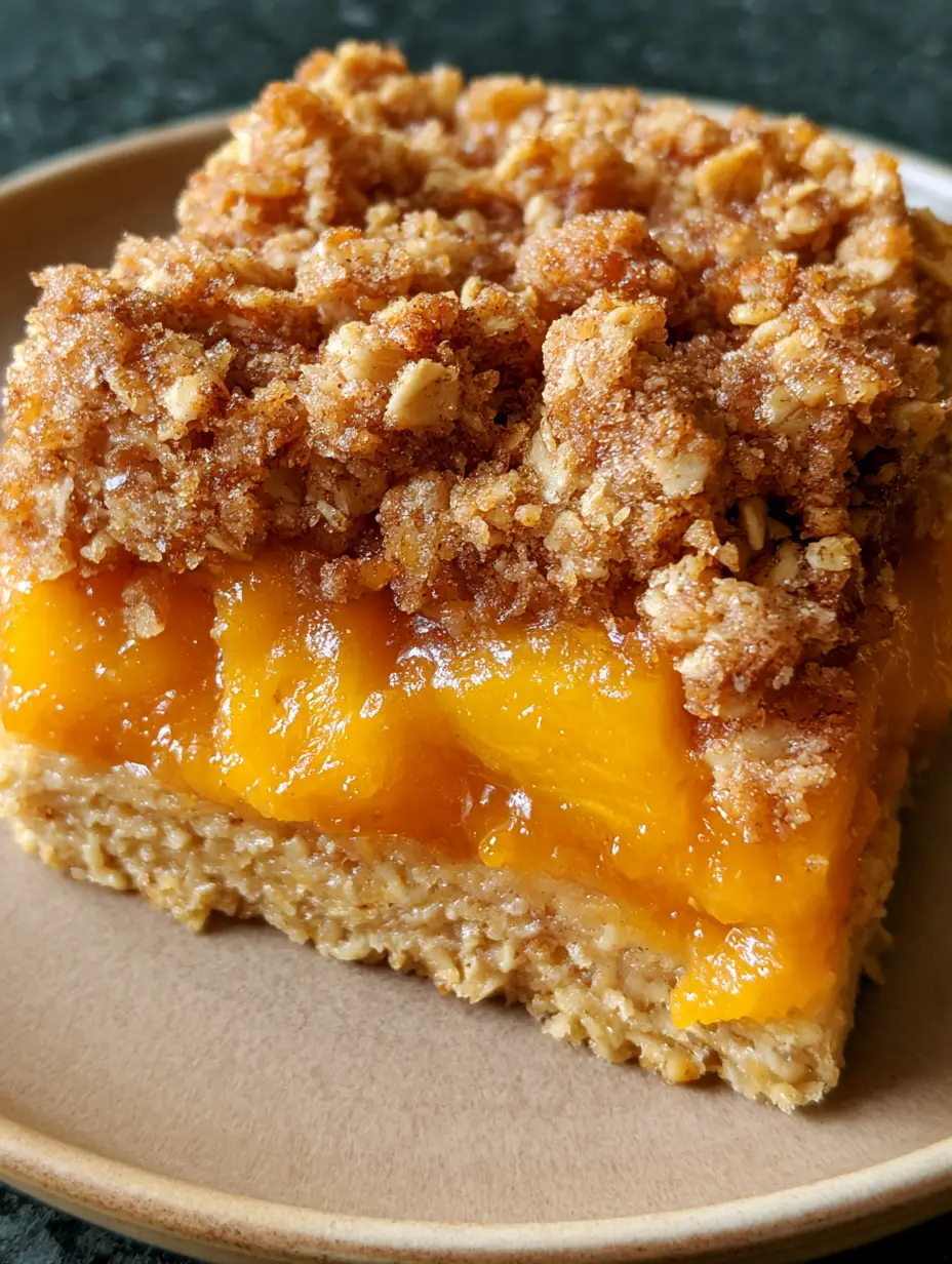 Peach Oatmeal Bars: The Ultimate Summer Fruit Crumble Recipe 3 Close-up of Peach Oatmeal Bars showing the layered texture of pressed oats and softened peach chunks.