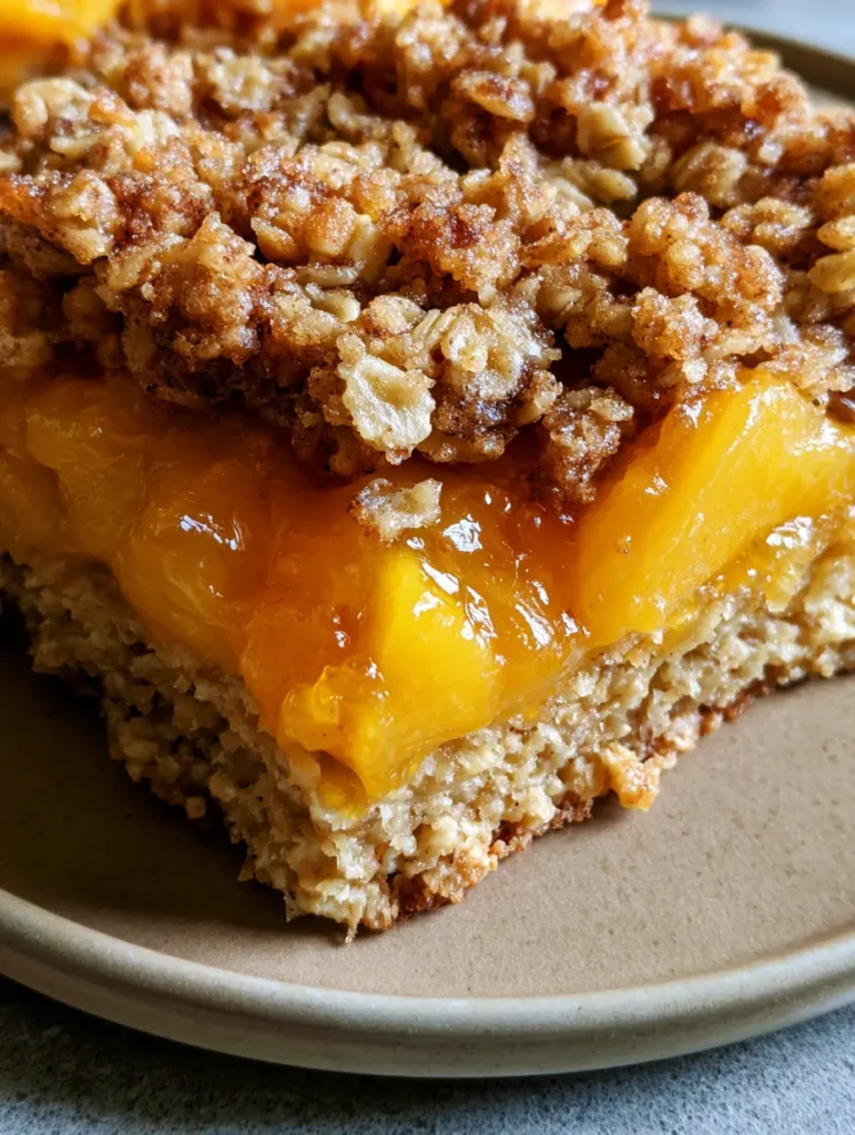 Peach Oatmeal Bars: The Ultimate Summer Fruit Crumble Recipe 1 A smartphone photo of a rustic Peach Oatmeal Bar on a neutral ceramic plate in natural daylight.