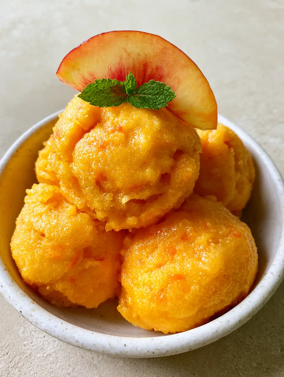 A close up of three rounded scoops of vibrant golden-orange peach sorbet in a rustic bowl. (Peach Sorbet Recipe)