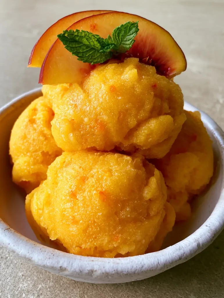 Peach sorbet in a white bowl on a stone countertop under natural morning light. (Peach Sorbet Recipe)