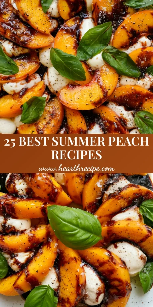 fresh peach recipes: The Ultimate Summer Peach Caprese Salad 5 A top-down shot of a peach caprese salad featuring thick orange peach slices and mozzarella pearls for fresh peach recipes.