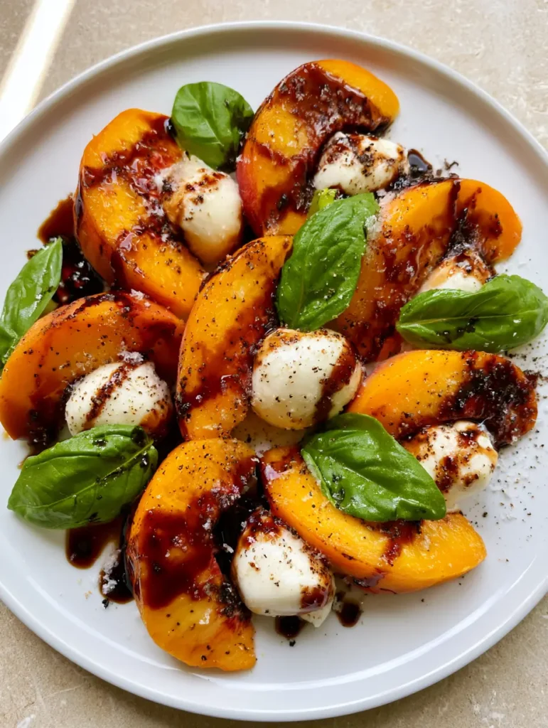 fresh peach recipes: The Ultimate Summer Peach Caprese Salad 2 Vibrant orange peaches and white mozzarella pearls on a white plate, highlighting fresh peach recipes.