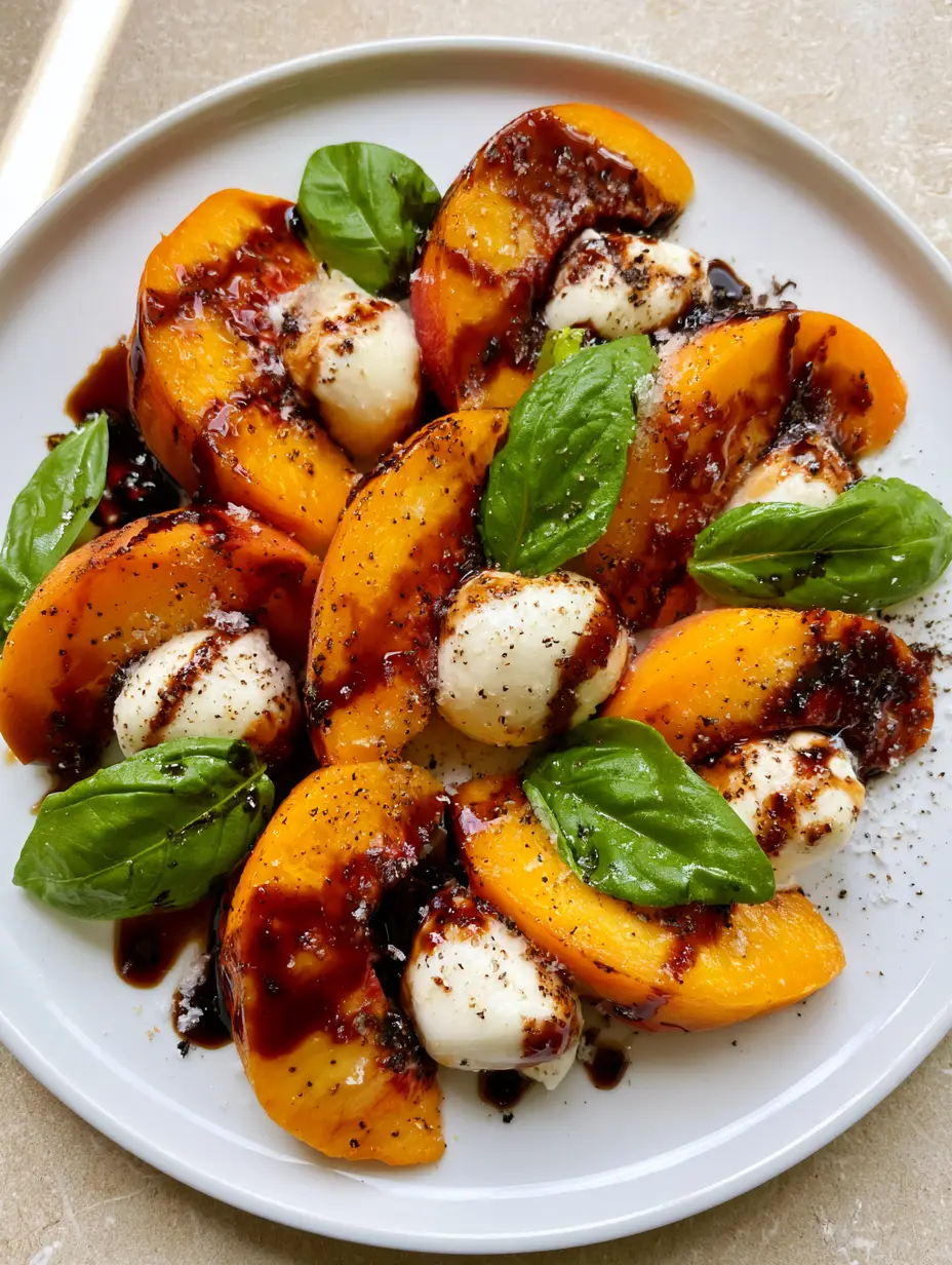 fresh peach recipes: The Ultimate Summer Peach Caprese Salad 4 Vibrant orange peaches and white mozzarella pearls on a white plate, highlighting fresh peach recipes.