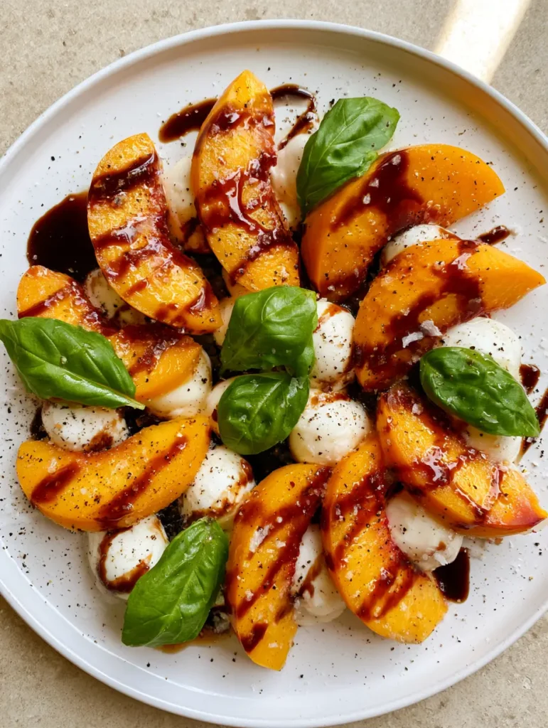 fresh peach recipes: The Ultimate Summer Peach Caprese Salad 1 Detailed shot of balsamic glaze drizzled over peaches and basil for fresh peach recipes.