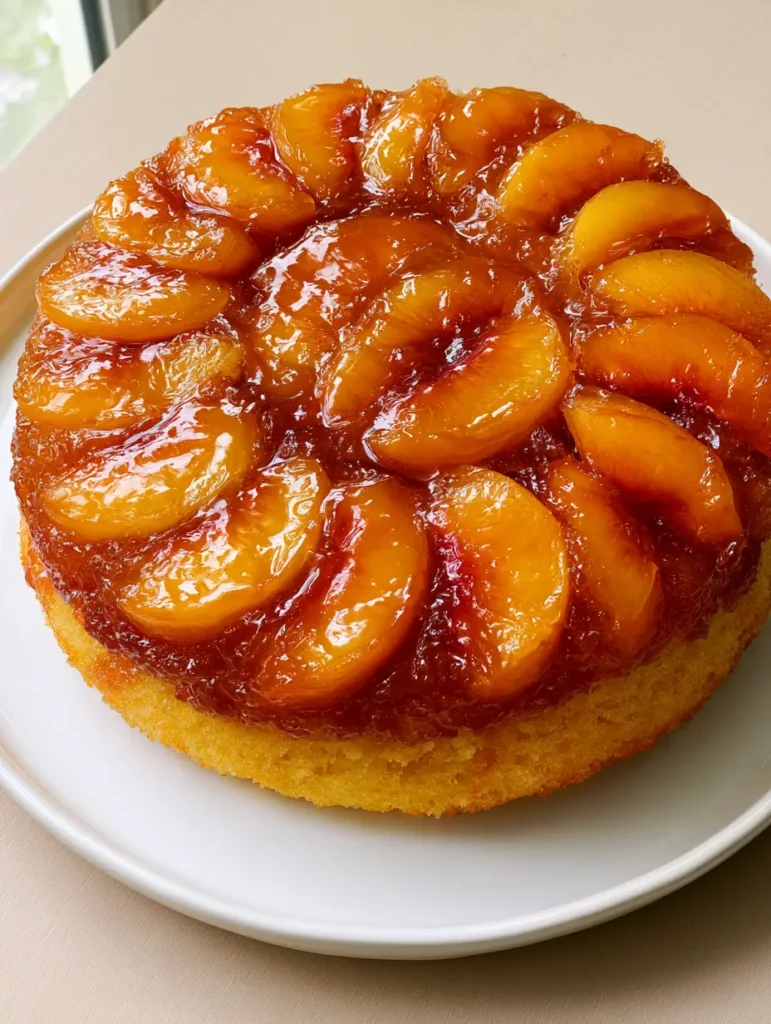 Close up of the thick golden-brown sugar glaze on a Peach Upside-Down Cake sitting on a wooden table.
