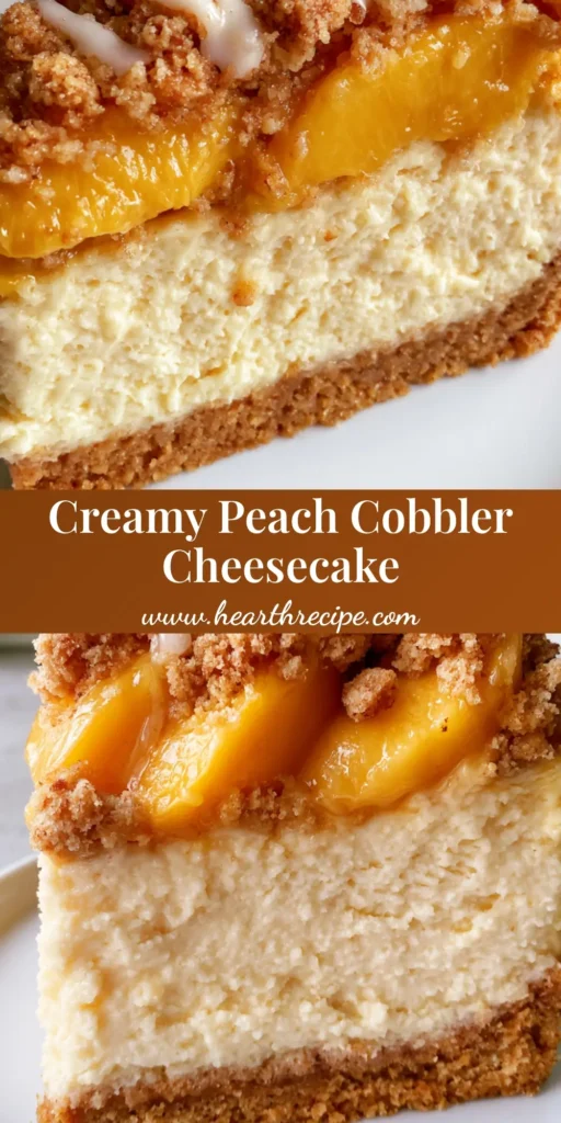 Peach Cobbler Cheesecake: The Ultimate Decadent Summer Mashup 3 A tall slice of Peach Cobbler Cheesecake with a thick graham cracker crust, velvety filling, and glistening peach topping on a white plate.