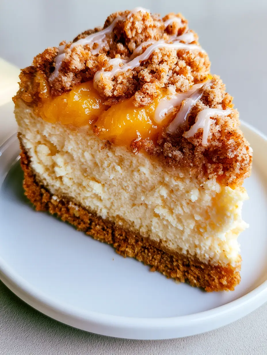 Peach Cobbler Cheesecake: The Ultimate Decadent Summer Mashup 4 Close up of a Peach Cobbler Cheesecake slice showing the layers of crust, cream, and peaches.