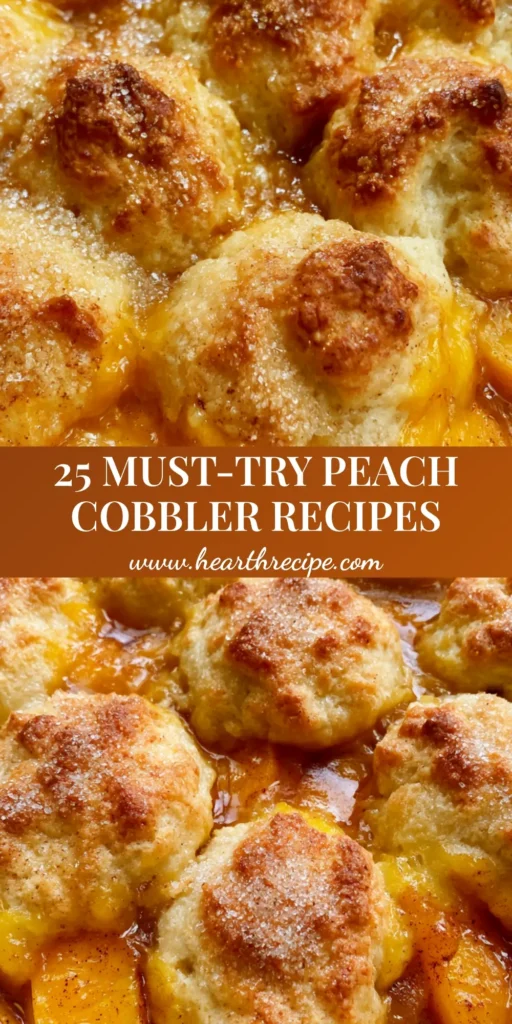 A rustic white ceramic baking dish filled with golden-brown biscuit mounds over bubbling amber peach syrup. (Peach Cobbler Recipes)