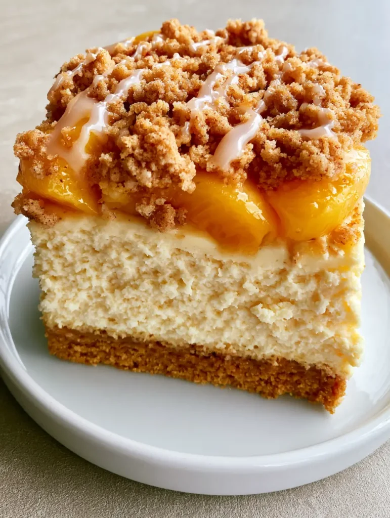 Peach Cobbler Cheesecake: The Ultimate Decadent Summer Mashup 1 Vertical shot of Peach Cobbler Cheesecake on a minimalist ceramic plate.