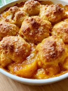 Close-up high-angle shot of bubbling peach cobbler in a white ceramic dish with cinnamon specks. (Peach Cobbler Recipes)
