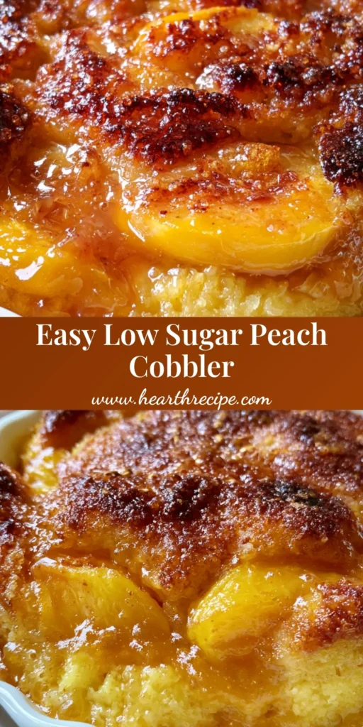 A close-up of an Easy Peach Cobbler Recipe showing a craggy golden-brown crust and bubbling amber syrup in a white ceramic dish.