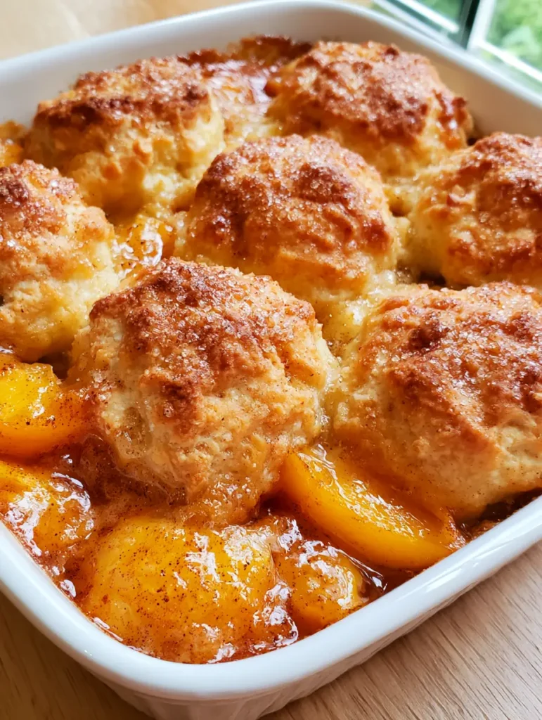 Detail shot of golden-brown craggy biscuit topping with a granulated sugar dusting on peach cobbler.