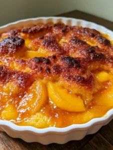 A handheld smartphone photo of an Easy Peach Cobbler Recipe featuring a moist cake base and yellow-orange peach slices on a rustic wood table.