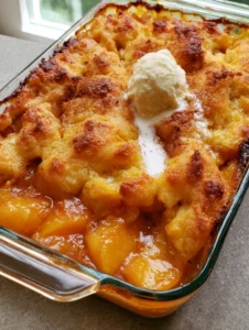 Top view of a peach cobbler recipe showing bubbling amber peaches and a buttery, craggy crust.