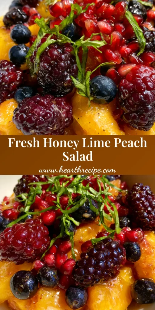 Summer Peach Fruit Salad with Honey Lime Glaze and Fresh Basil 3 A shallow white bowl filled with a Summer Peach Fruit Salad, featuring sliced peaches, whole blackberries, blueberries, and pomegranate arils with a honey-lime glisten and basil garnish.