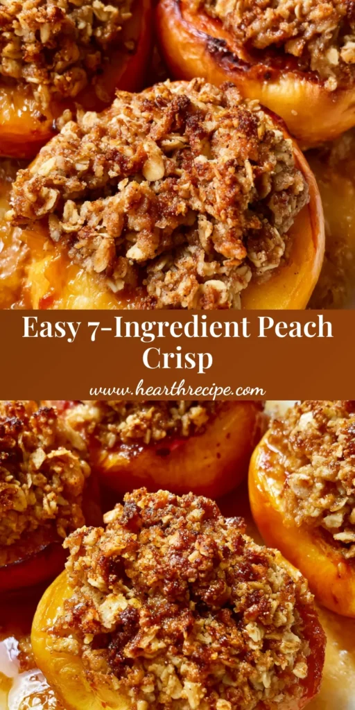 A close-up, high-angle shot of three halved Baked Peaches with Crisp in a white ceramic dish, featuring golden-brown oat topping and bubbling amber syrup.