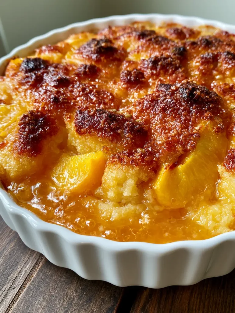 Side view of a white fluted ceramic dish containing peach cobbler with thick bubbling amber peach syrup.