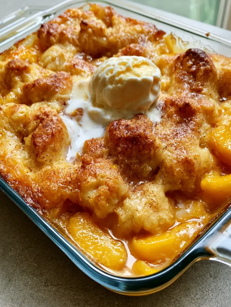 Close up of melting vanilla ice cream pooling into the crust of a Peach Cobbler Recipe.