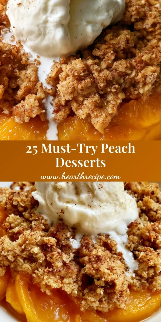 A close-up shot of a warm peach crumble with melting vanilla bean ice cream and nutmeg garnish, showcasing the best of Peach Dessert Recipes.