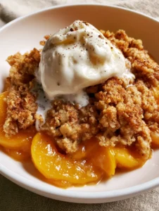 Detailed view of jammy baked sliced peaches and golden-brown oat crumble in a white bowl, perfect for Peach Dessert Recipes.