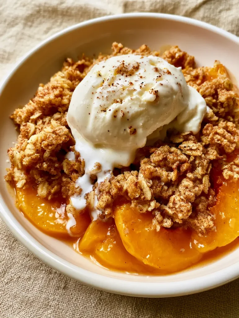 Melting vanilla bean ice cream running down a textured oat crumble, a signature look for high-end Peach Dessert Recipes.