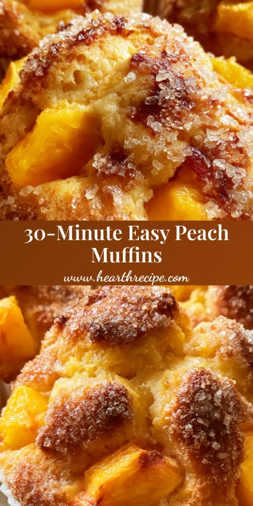 Peach Muffins with Fresh Orange Peaches and Crunchy Turbinado Sugar 4 A close-up of several freshly baked peach muffins in white liners on a wooden surface with turbinado sugar crystals.