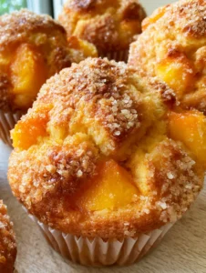 Close-up of golden-brown peach muffins showing visible orange peach chunks and moist craters.