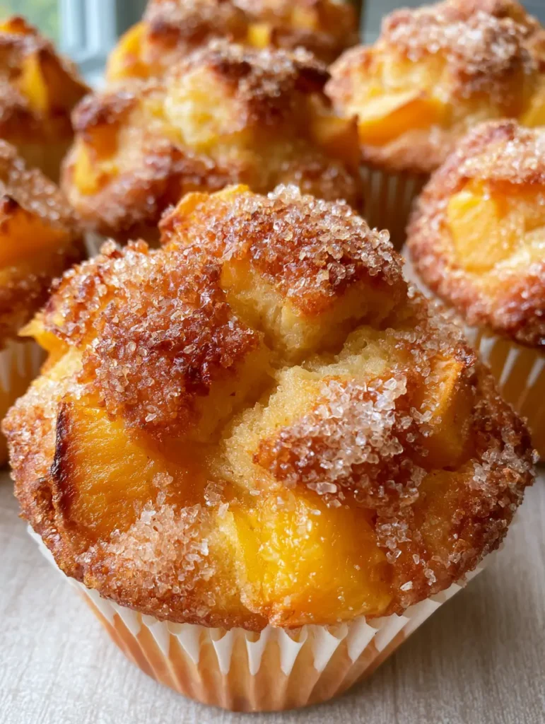 Peach Muffins with Fresh Orange Peaches and Crunchy Turbinado Sugar 1 Peach muffins heavily encrusted with translucent turbinado sugar crystals catching natural morning light.