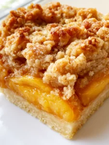 Detail shot of the golden brown buttery oat crumble and jammy peach slices in Peach Cobbler Bars.