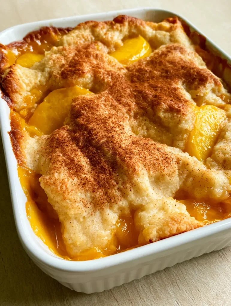 Top-down view of Peach Cobbler with Canned Peaches showing sticky orange syrup bubbling at the edges of a white dish.