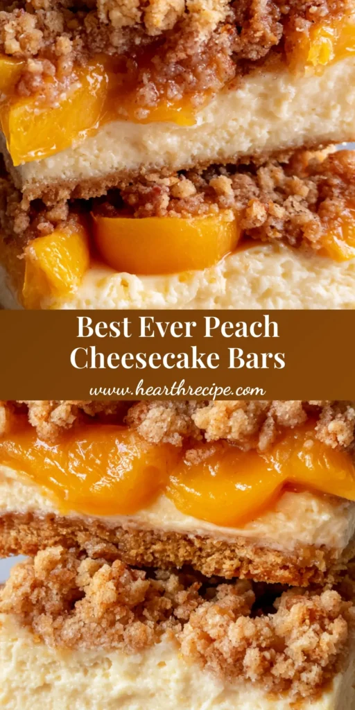 Peach Cheesecake Bars with Fresh Summer Peaches and Buttery Streusel 4 A stack of square Peach Cheesecake Bars featuring a thick graham cracker crust, ivory cheesecake, fresh peaches, and chunky streusel. (Peach Cheesecake Bars)