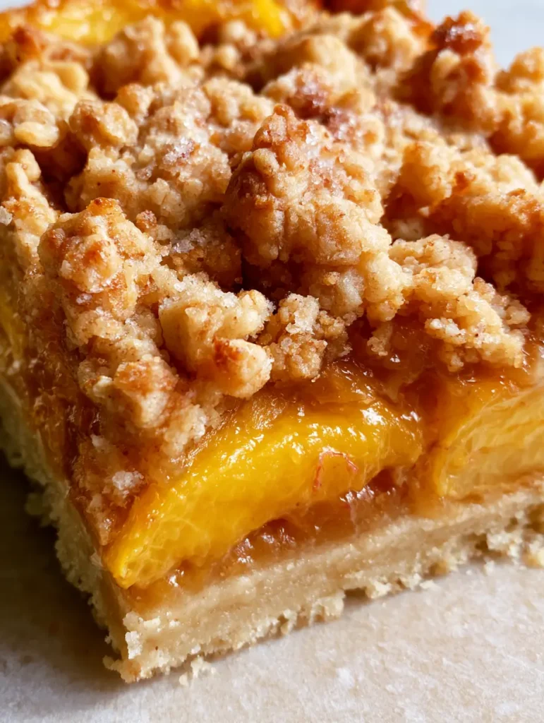 Peach Cobbler Bars with Buttery Shortbread and Fresh Summer Fruit 1 A square Peach Cobbler Bar showing the light-tan shortbread base and caramelized peach juices at the edges.