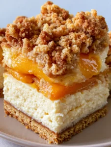 Close-up of stacked Peach Cheesecake Bars showing the layers of crust, smooth filling, and glazed peaches. (Peach Cheesecake Bars)