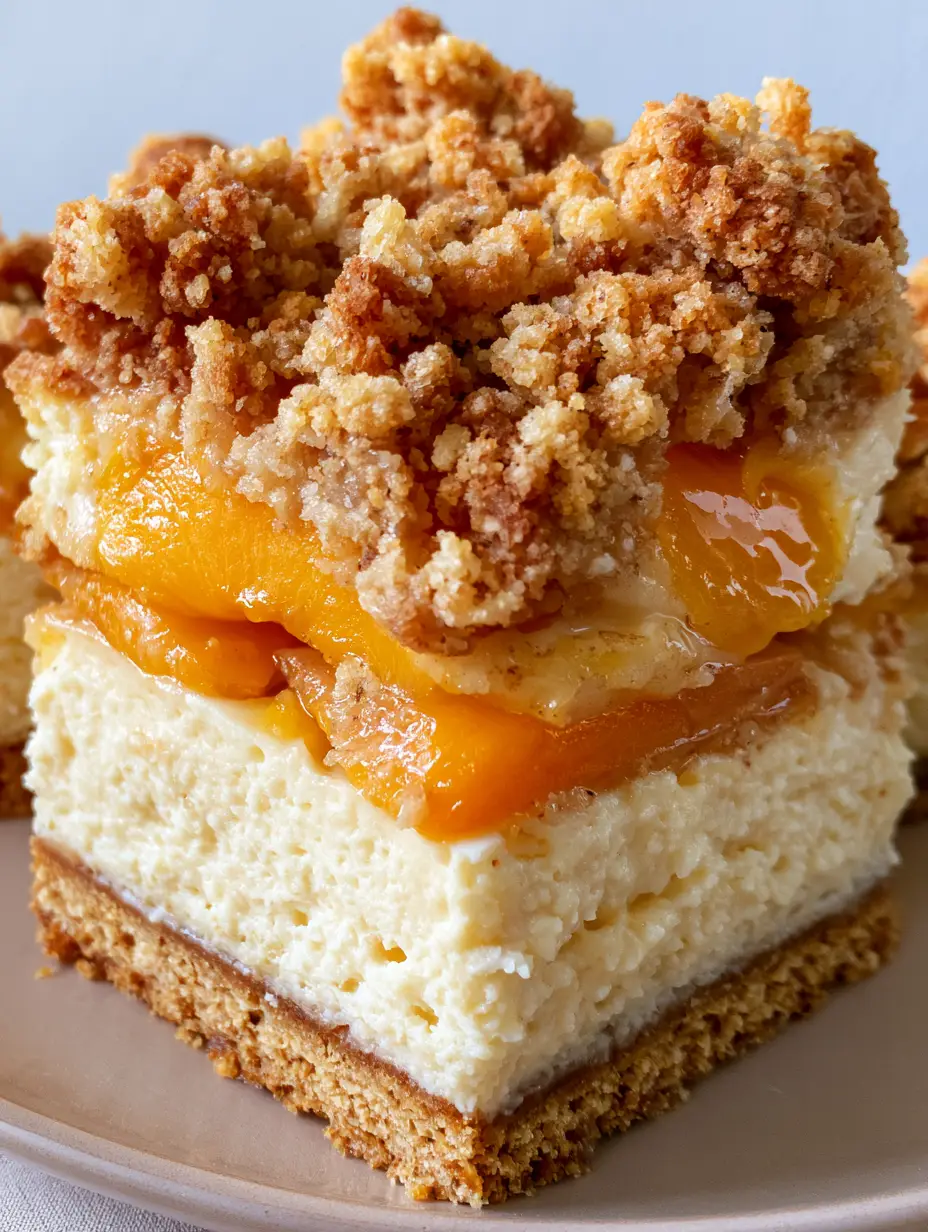 Peach Cheesecake Bars with Fresh Summer Peaches and Buttery Streusel 3 Close-up of stacked Peach Cheesecake Bars showing the layers of crust, smooth filling, and glazed peaches. (Peach Cheesecake Bars)