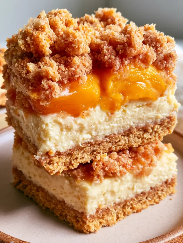 Peach Cheesecake Bars with Fresh Summer Peaches and Buttery Streusel 1 A square of Peach Cheesecake Bar showing the juicy glazed interface between fruit and topping.