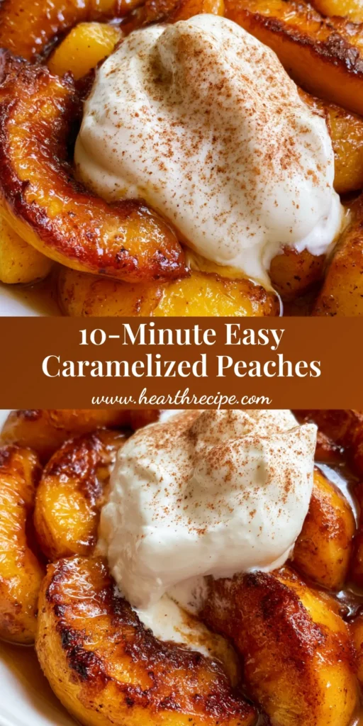 A shallow ceramic bowl of pan-seared Caramelized Peaches with golden edges, amber syrup, and a dollop of whipped cream.